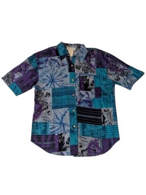 80s Donna Marie Blue Abstract Floral Button Front Collared SS Shirt Women's S